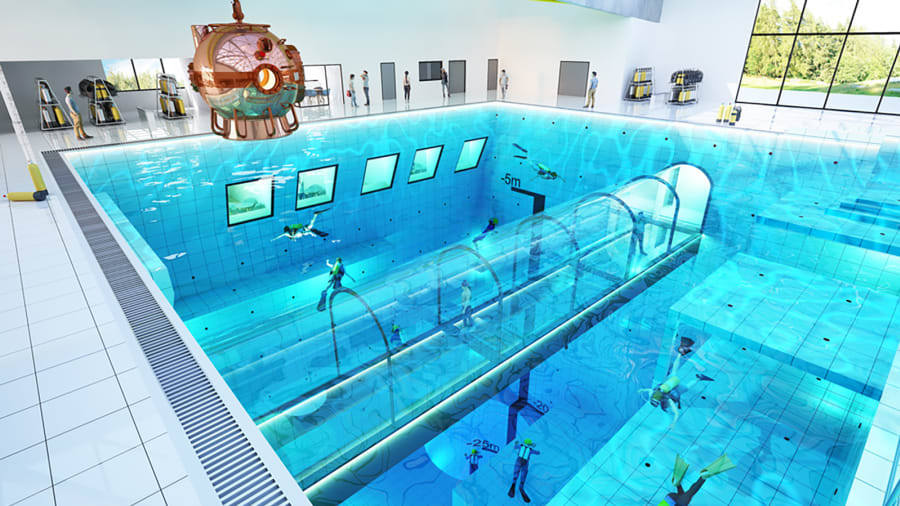 Польша бассейн подводный туннель аквалангисты вода плавание спорт 