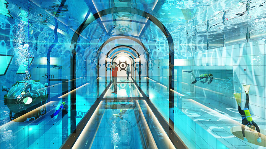 Польша бассейн подводный туннель аквалангисты вода плавание спорт 