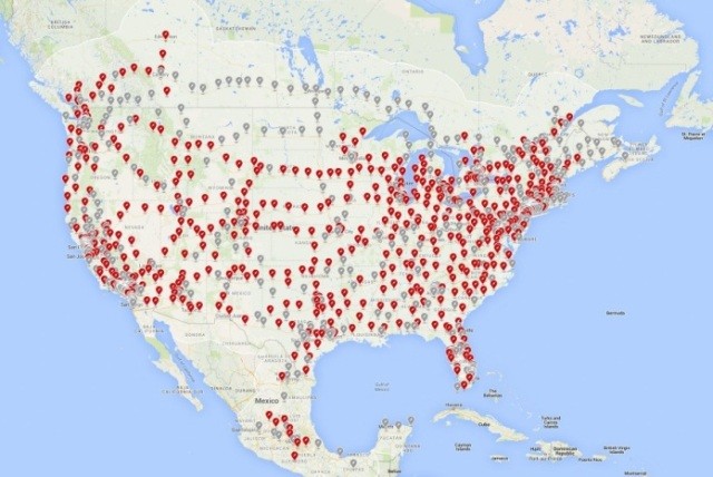карта сеть Tesla Supercharger